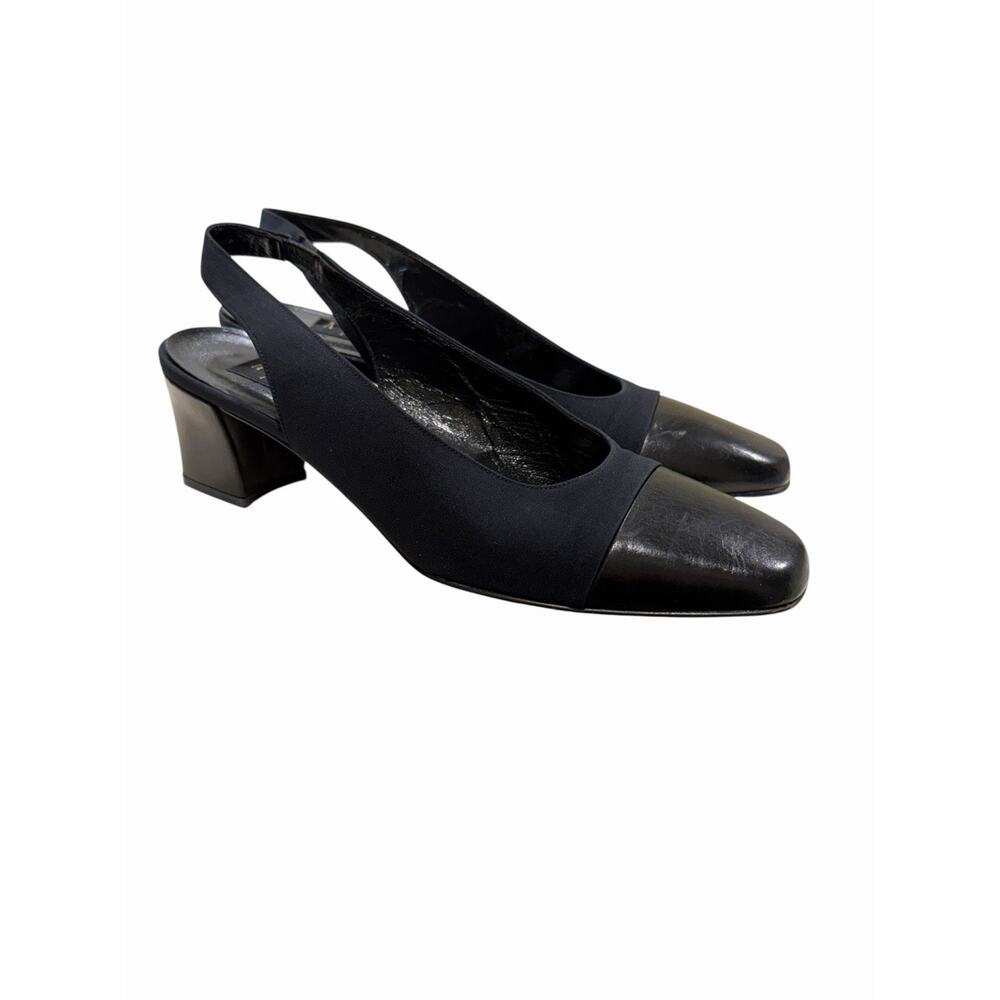 New Vintage Women's 9B Amalfi Black Minimalist Slingback Block Heels Mod Clean